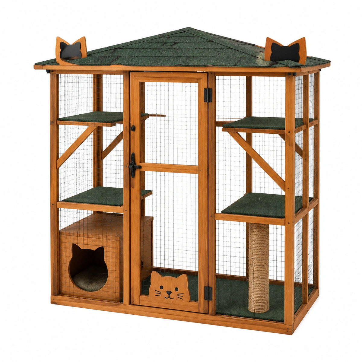Enclos extérieur pour chat 110 x 75 x 115 cm en bois brun vert avec plateformes et griffoir