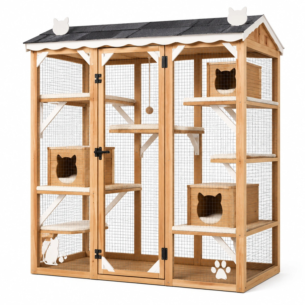 Enclos extérieur pour chats 116 x 60 x 170 cm en bois naturel grillagé avec plateformes et abris