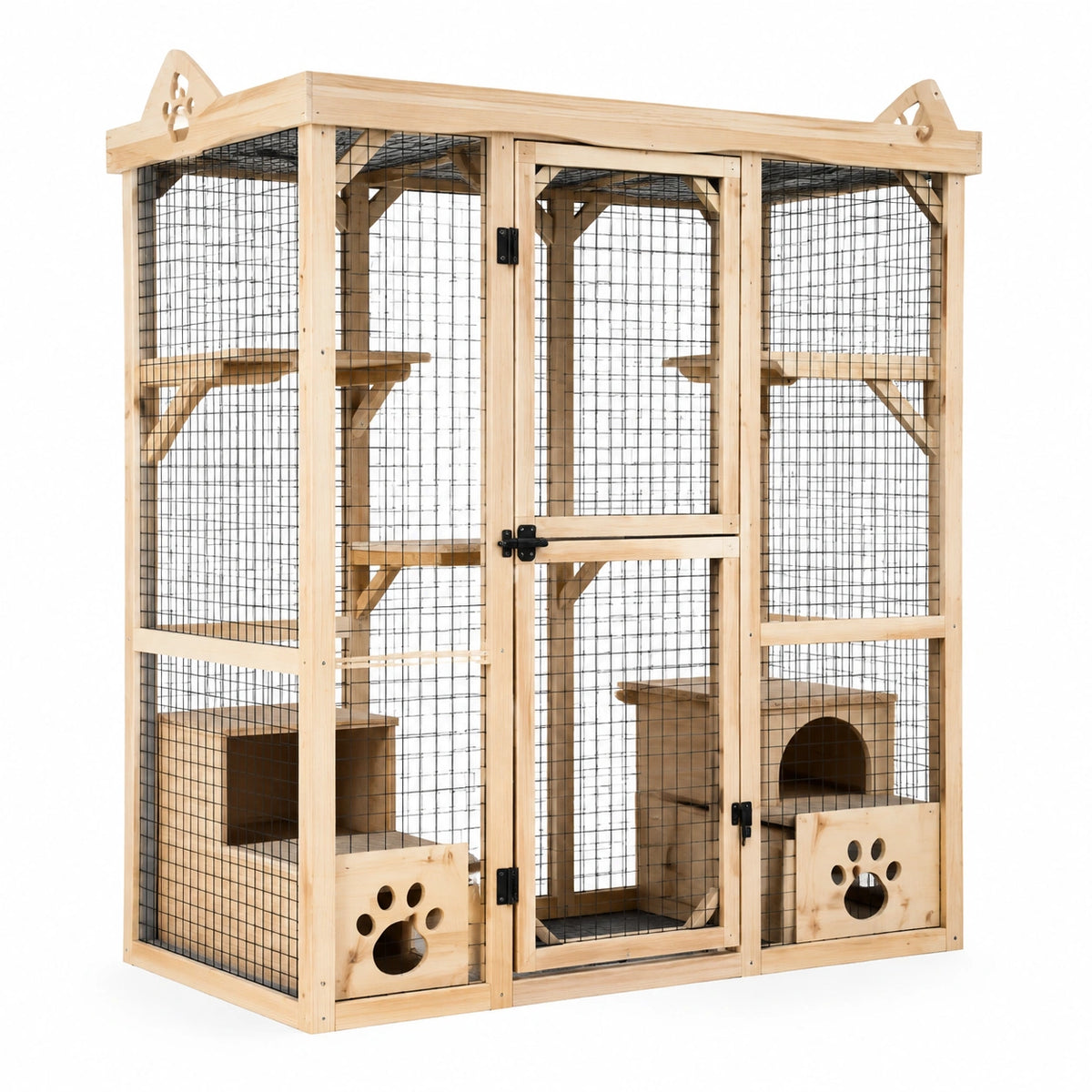 Cage pour chat 120 x 60 x 180 cm en bois naturel et métal avec niches et plateformes