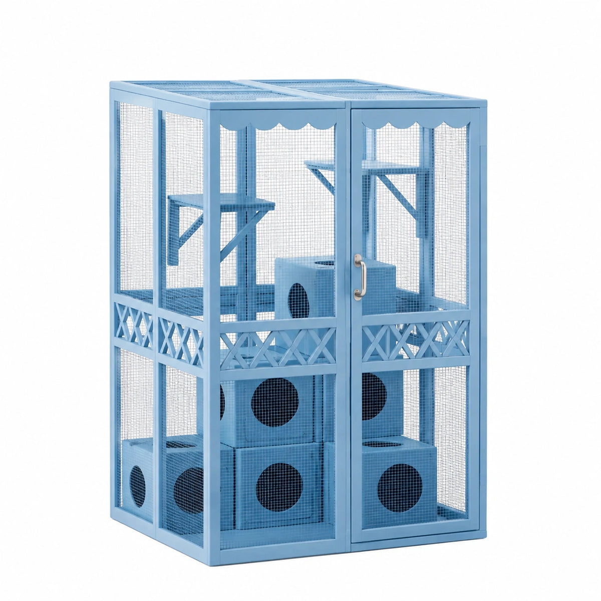 Cage pour chat 90 x 60 x 120 cm en bois et grillage métal bleu avec plateformes