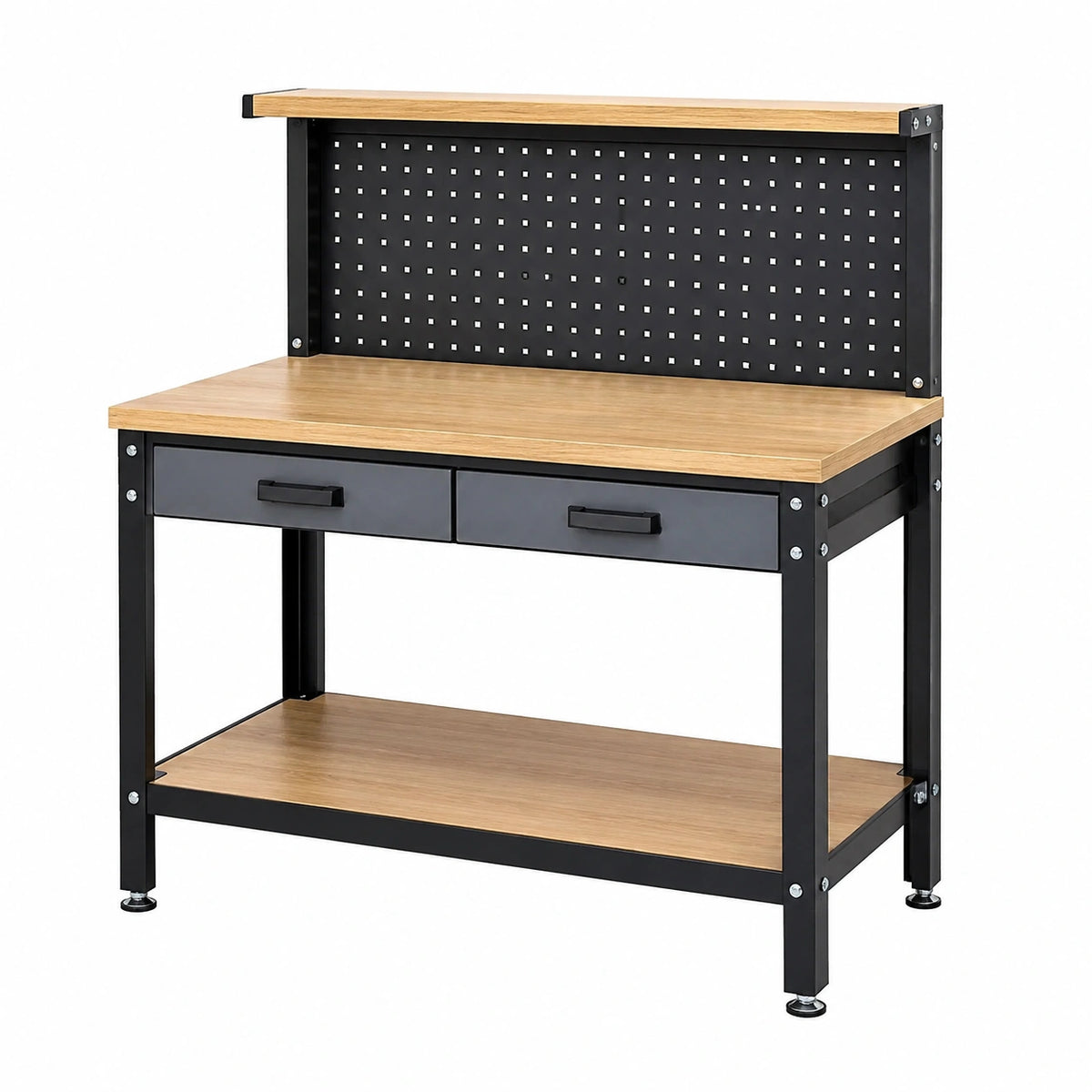 Établi 120 cm en acier noir et panneaux bois avec panneau perforé et 2 tiroirs style industriel