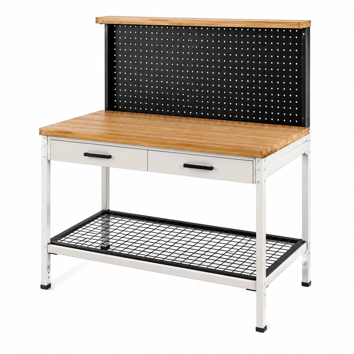 Établi d'atelier 120 x 60 cm en bois et acier blanc noir avec panneau perforé et tiroirs