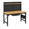 Établi 120 x 60 x 145 cm en métal noir et bambou avec panneau perforé rangement industriel