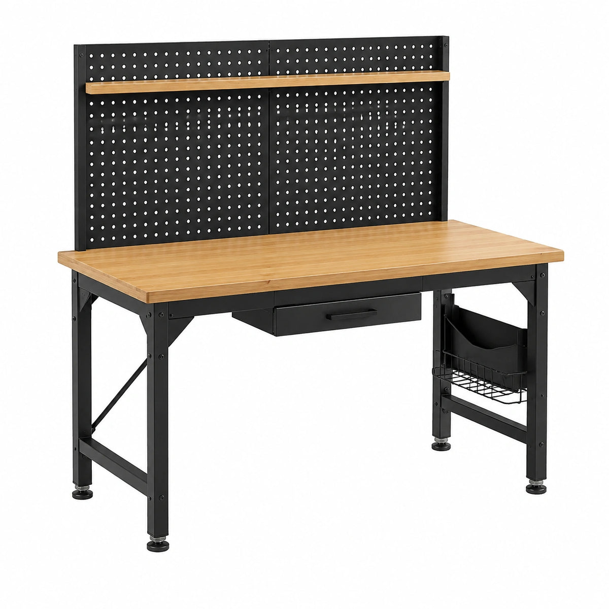 Établi 120 x 60 x 145 cm en métal noir et bambou avec panneau perforé rangement industriel