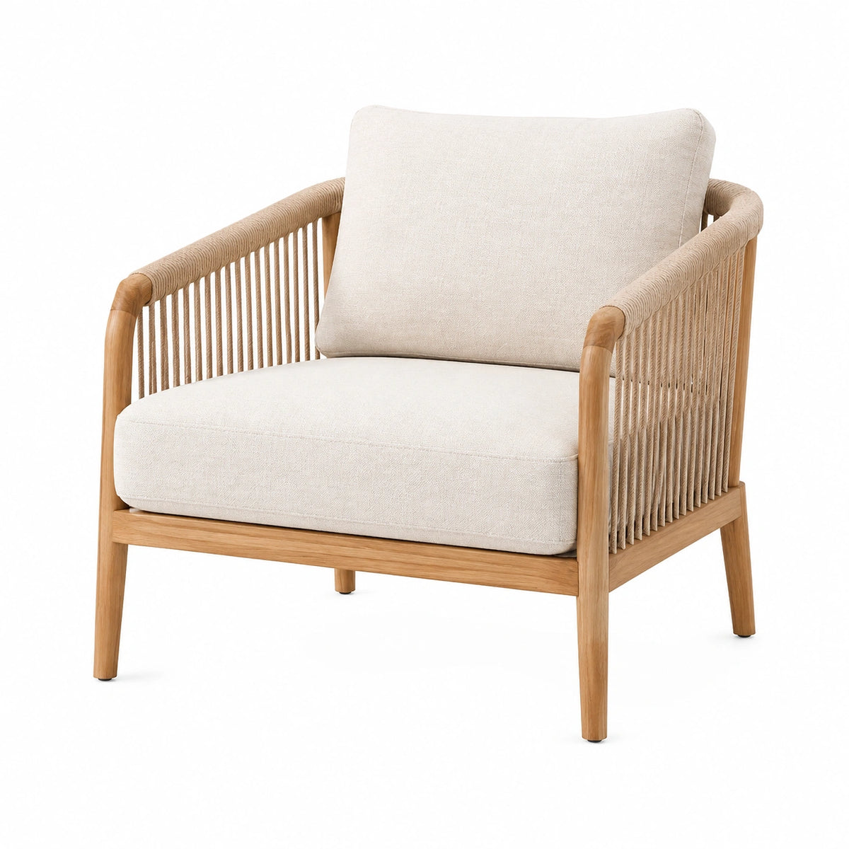 Fauteuil 75 x 80 x 80 cm en bois naturel et corde beige avec assise rembourrée style contemporain