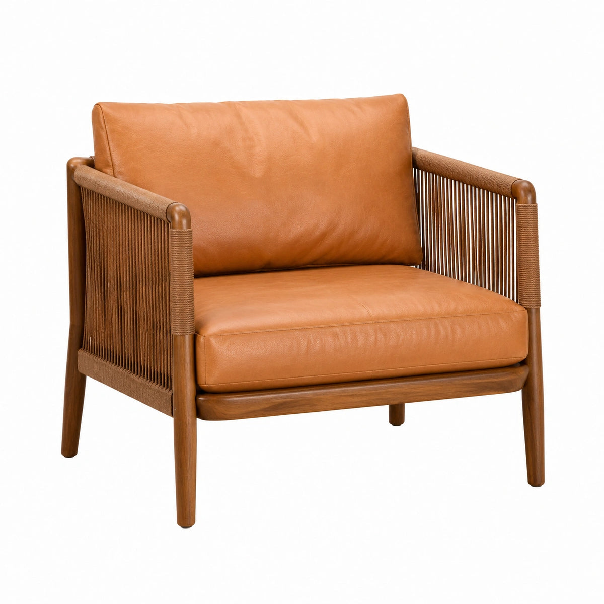 Fauteuil 80 x 78 x 78 cm en bois marron avec revêtement aspect cuir camel et corde tressée style naturel contemporain