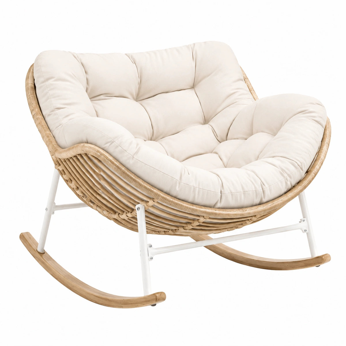 Fauteuil à bascule 100 x 90 x 90 cm en rotin beige avec assise capitonnée