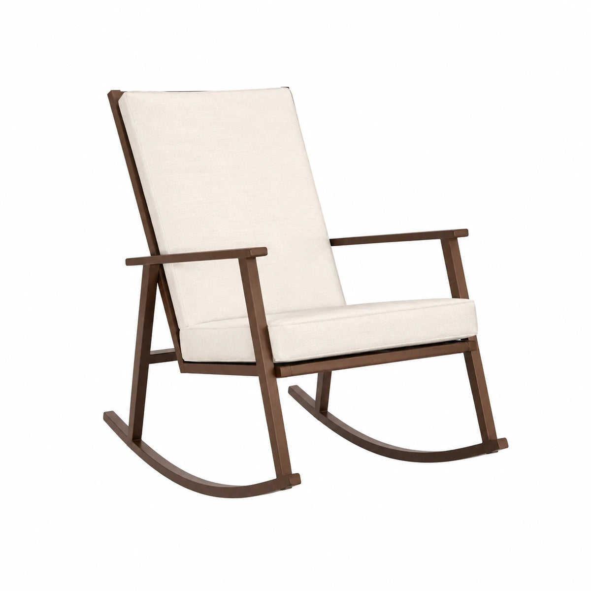 Fauteuil à bascule 95 x 70 x 100 cm en bois marron foncé et tissu blanc cassé style moderne