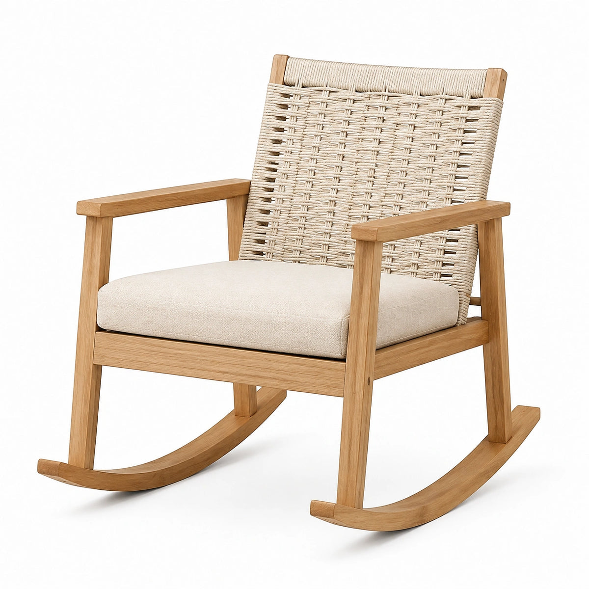 Fauteuil à bascule 70 x 95 x 100 cm en bois naturel et corde tressée avec assise rembourrée