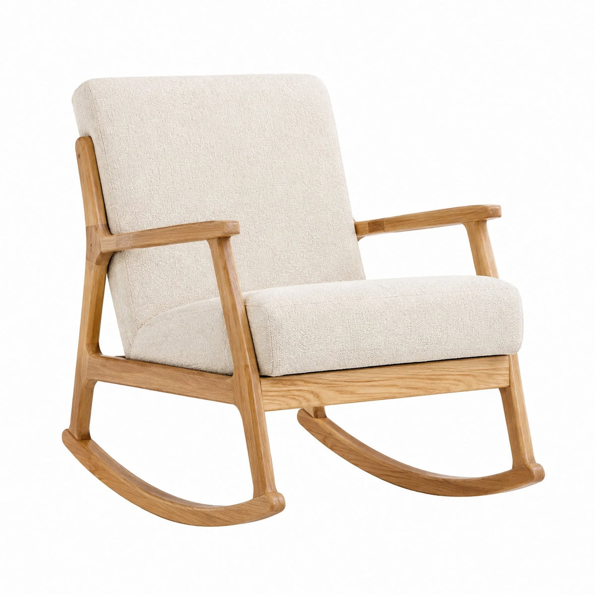 Fauteuil à bascule 70 x 95 x 100 cm en bois et tissu bouclette écru style scandinave