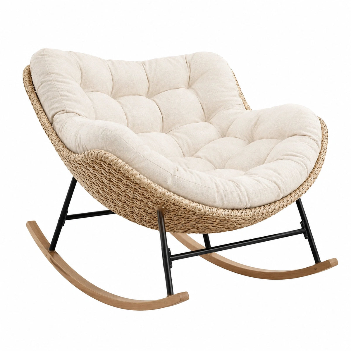 Fauteuil à bascule 100 x 85 x 95 cm en rotin beige avec assise rembourrée style bohème