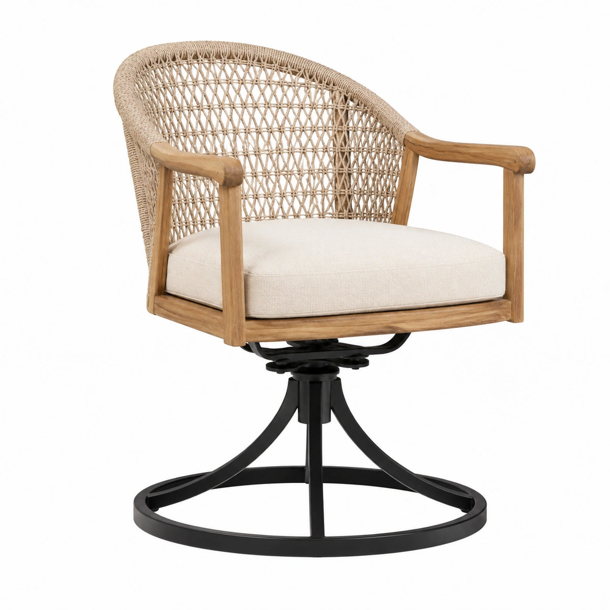 Fauteuil pivotant 70 x 65 x 85 cm en bois et rotin naturel avec assise beige style bohème