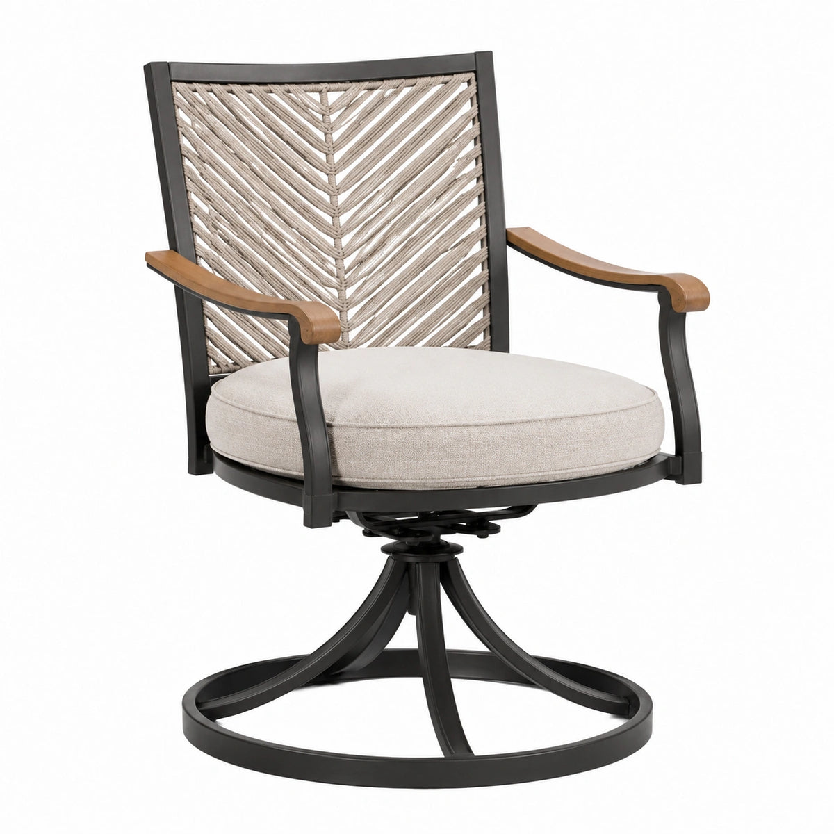 Fauteuil de jardin pivotant 65 x 68 x 99 cm métal noir corde beige avec accoudoirs en bois