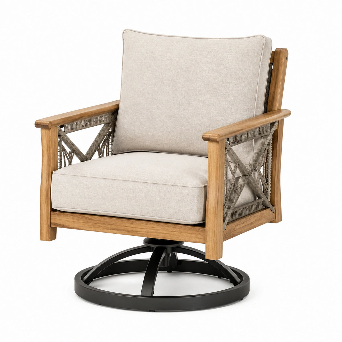 Fauteuil pivotant 80 x 85 x 92 cm en bois et corde beige pour extérieur style naturel